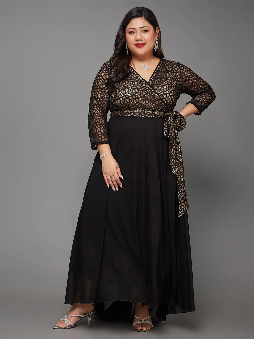 Body Bliss Black Georgette And Lace Maxi Dress Evening Chic Tailored Comfort