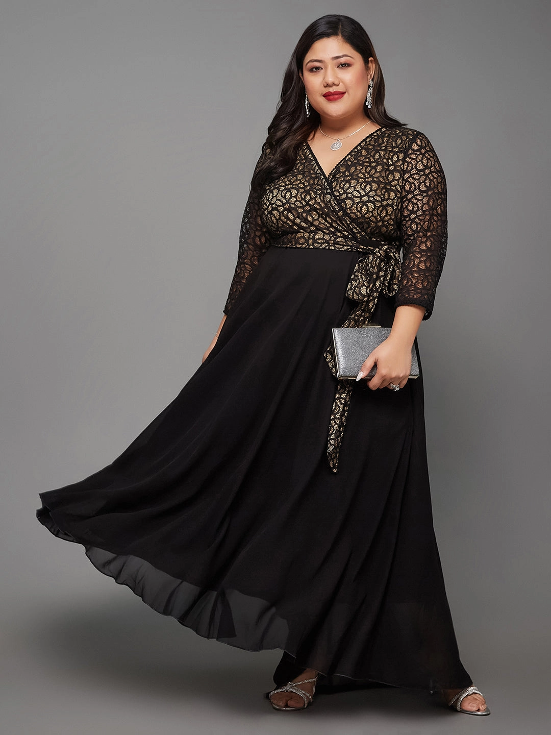 Off-Shoulder Luxe Comfort Body Bliss Black Georgette And Lace Maxi Dress
