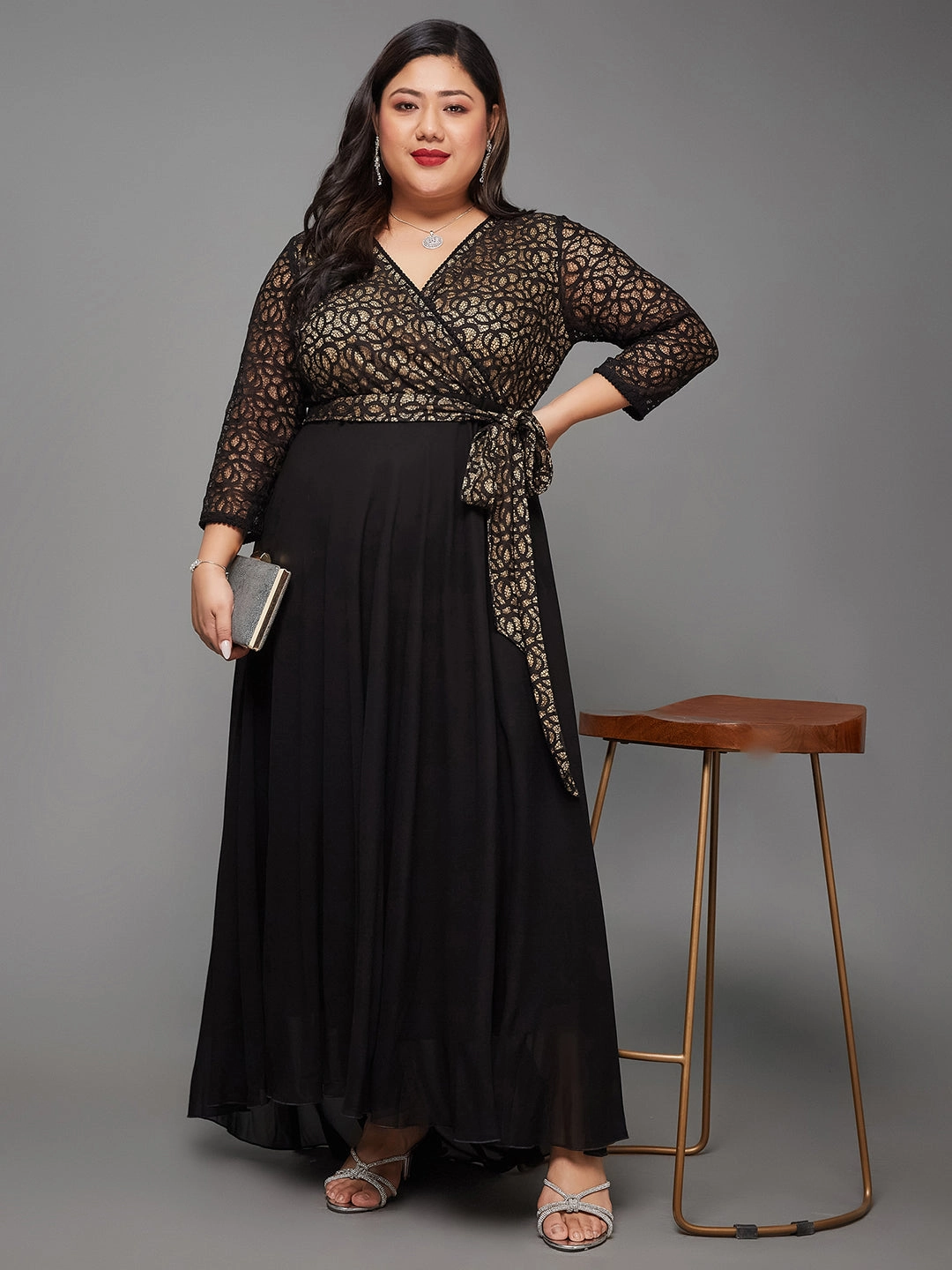 Body Bliss Black Georgette And Lace Maxi Dress Calm Energy