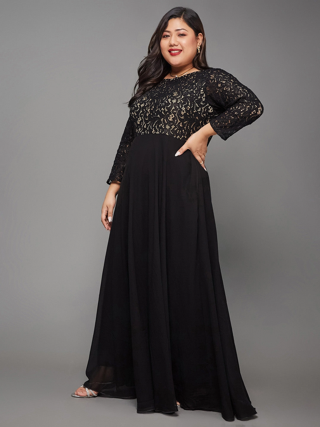 Relaxed Wear elegant design Body Bliss Black Georgette Fit and Flare Maxi Length Dress