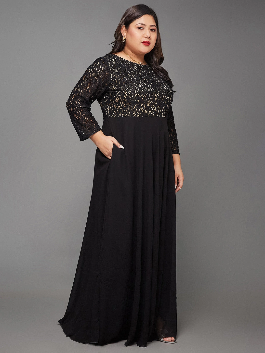 Body Bliss Black Georgette Fit and Flare Maxi Length Dress Sleek Fit Poised Vibe