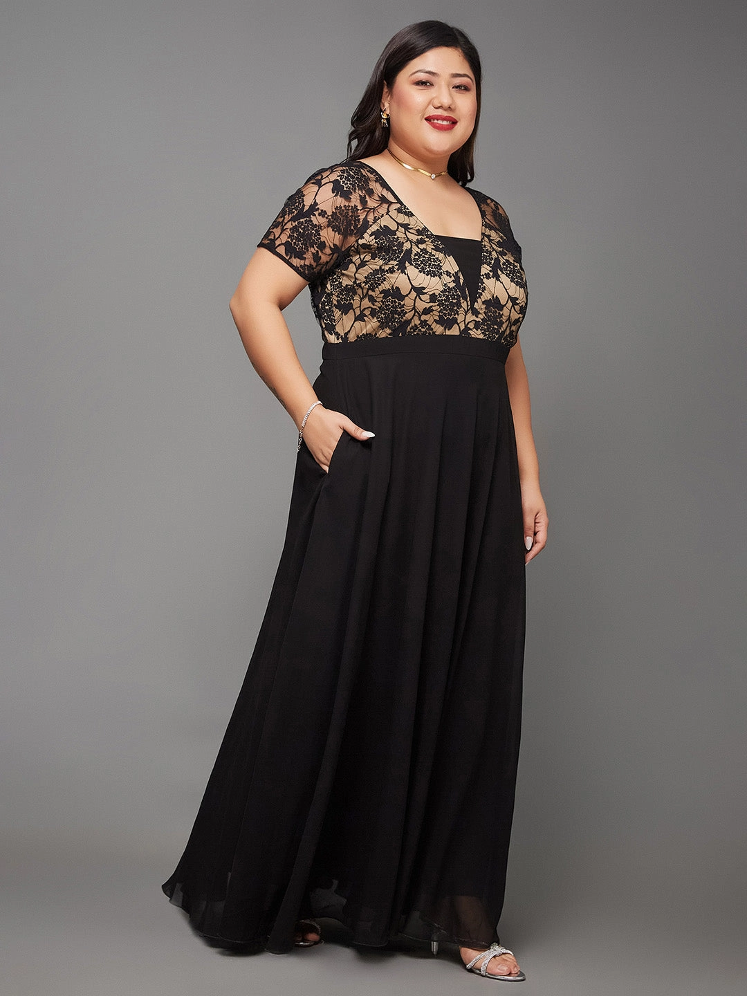 Body Positive Body Bliss Black Raglan Lace Overlaid Georgette Maxi Dress