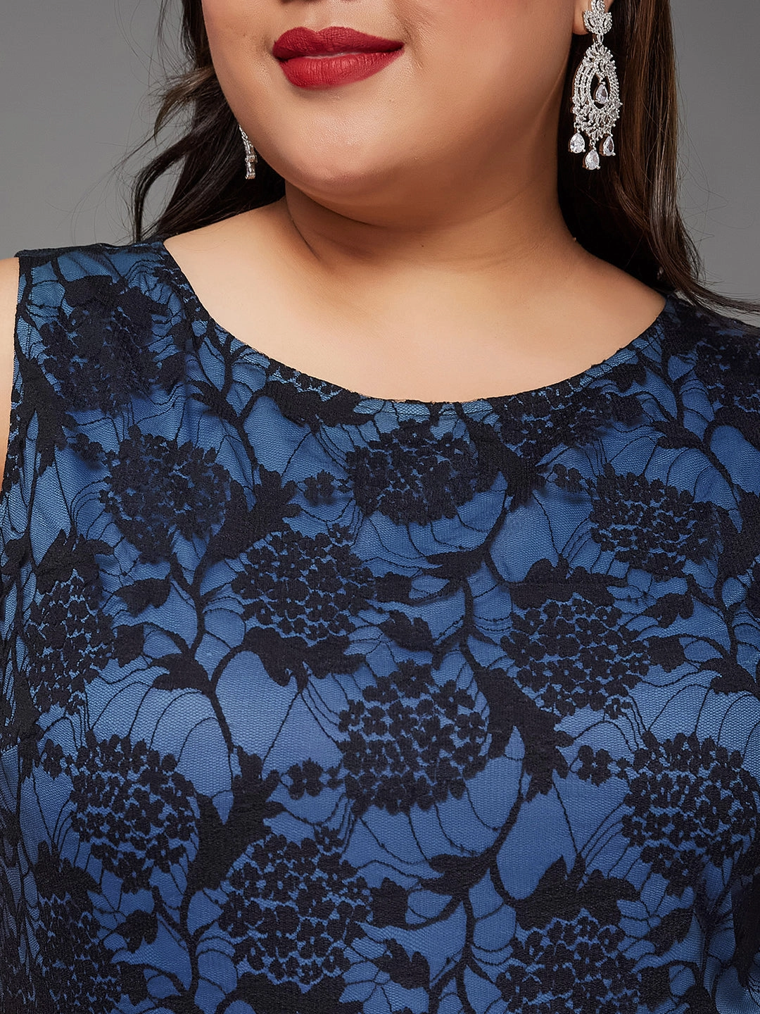 Body Bliss Blue & Black Georgette Floral Lace Fit & Flare Maxi Dress Evening Event