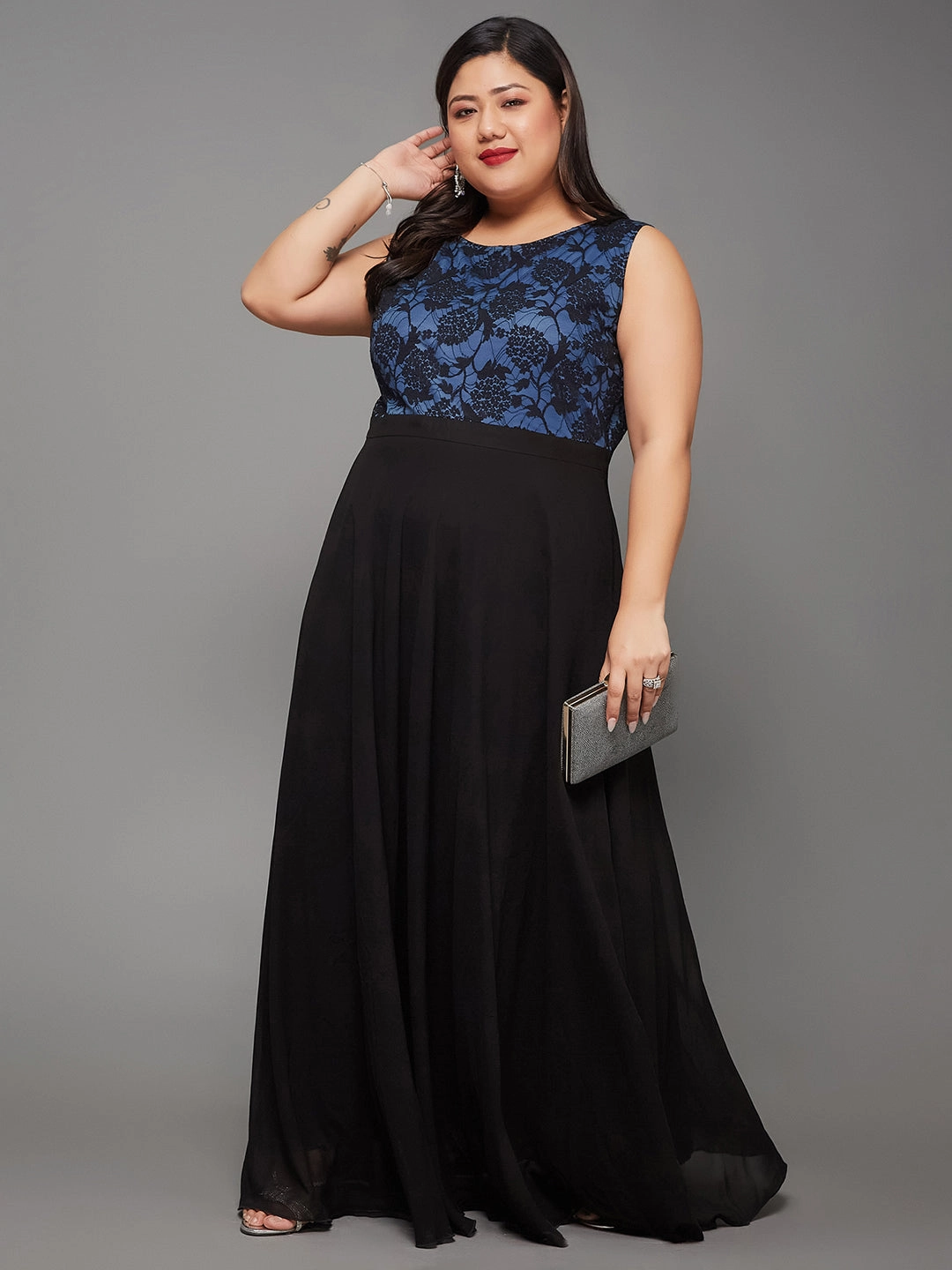 Body Bliss Blue & Black Georgette Floral Lace Fit & Flare Maxi Dress Minimal Motion