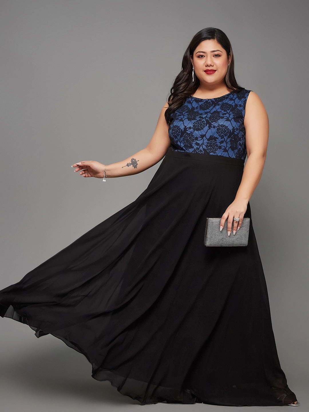 Neutral Finish Body Bliss Blue & Black Georgette Floral Lace Fit & Flare Maxi Dress