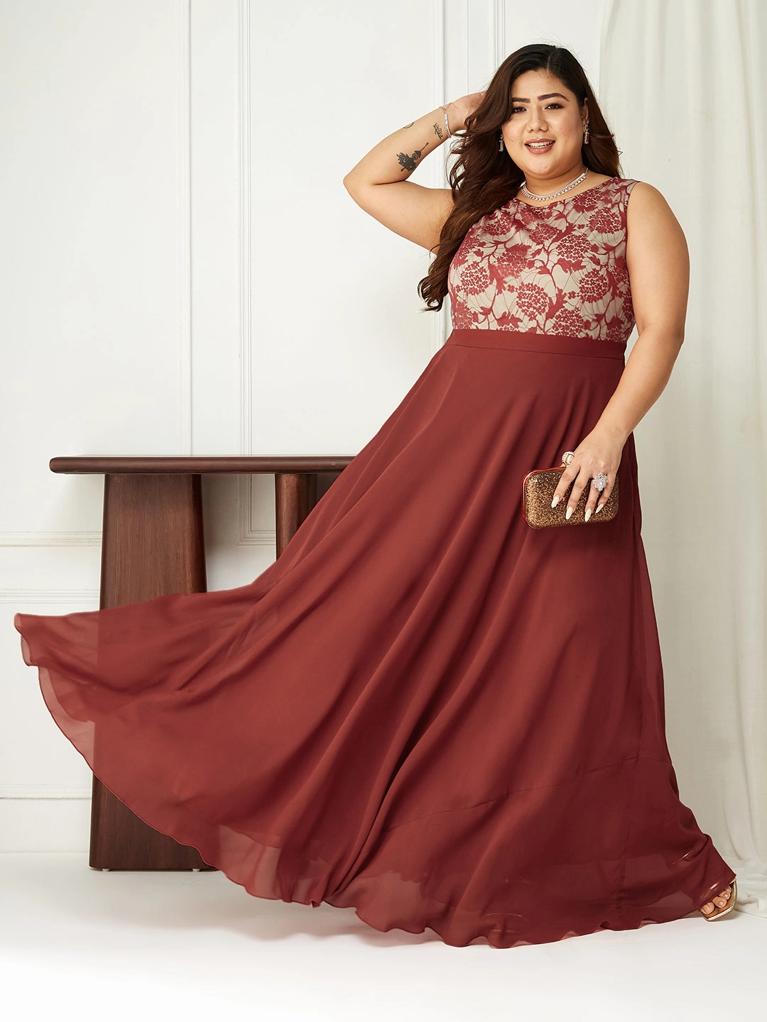 Body Bliss Brick Red & Dusty Green Lace Overlaid Regular Dress Basic Warm