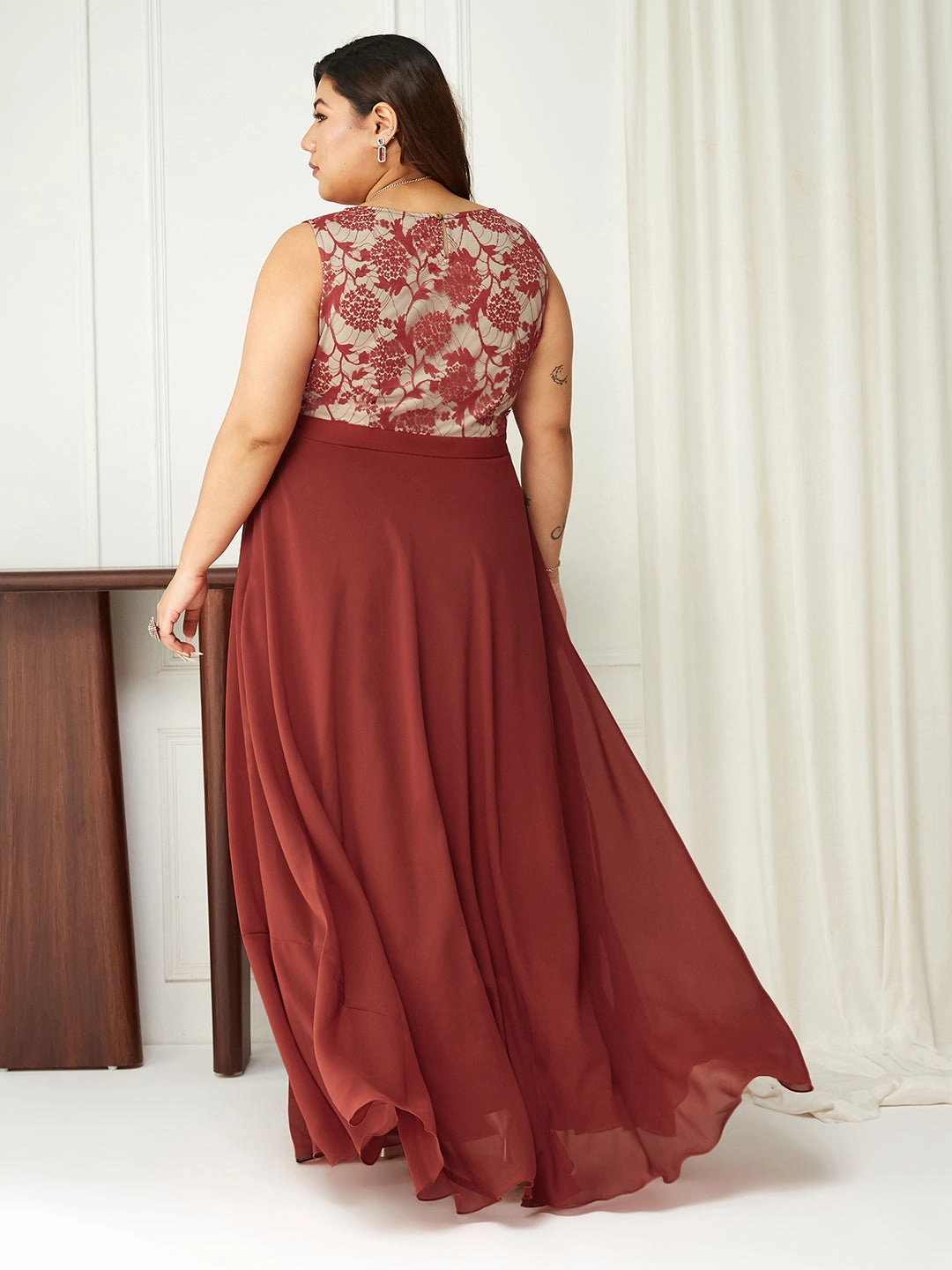 Body Bliss Brick Red & Dusty Green Lace Overlaid Regular Dress Layer Safe Work Vibes