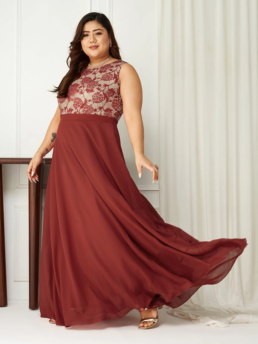 Body Bliss Brick Red & Dusty Green Lace Overlaid Regular Dress Stylish day dress