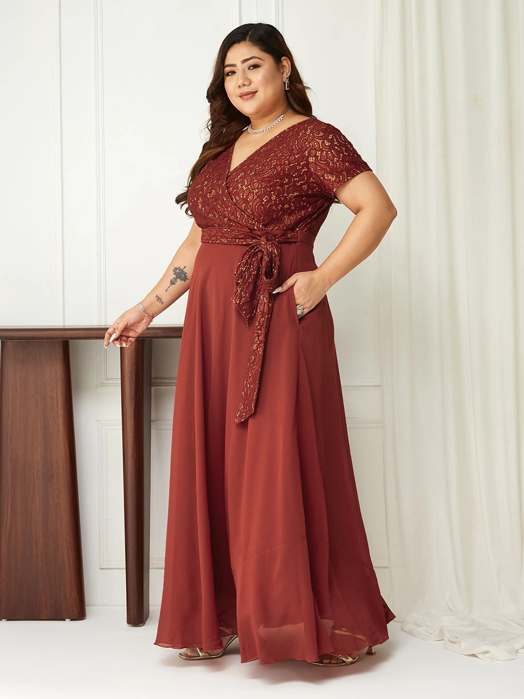 Silky Shine Fresh Appeal Body Bliss Brick Red Lace Overlaid Georgette Maxi Dress