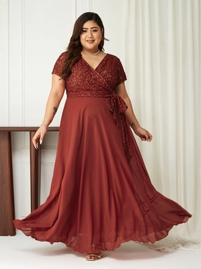 Mermaid-Hem Soft Tone Body Bliss Brick Red Lace Overlaid Georgette Maxi Dress