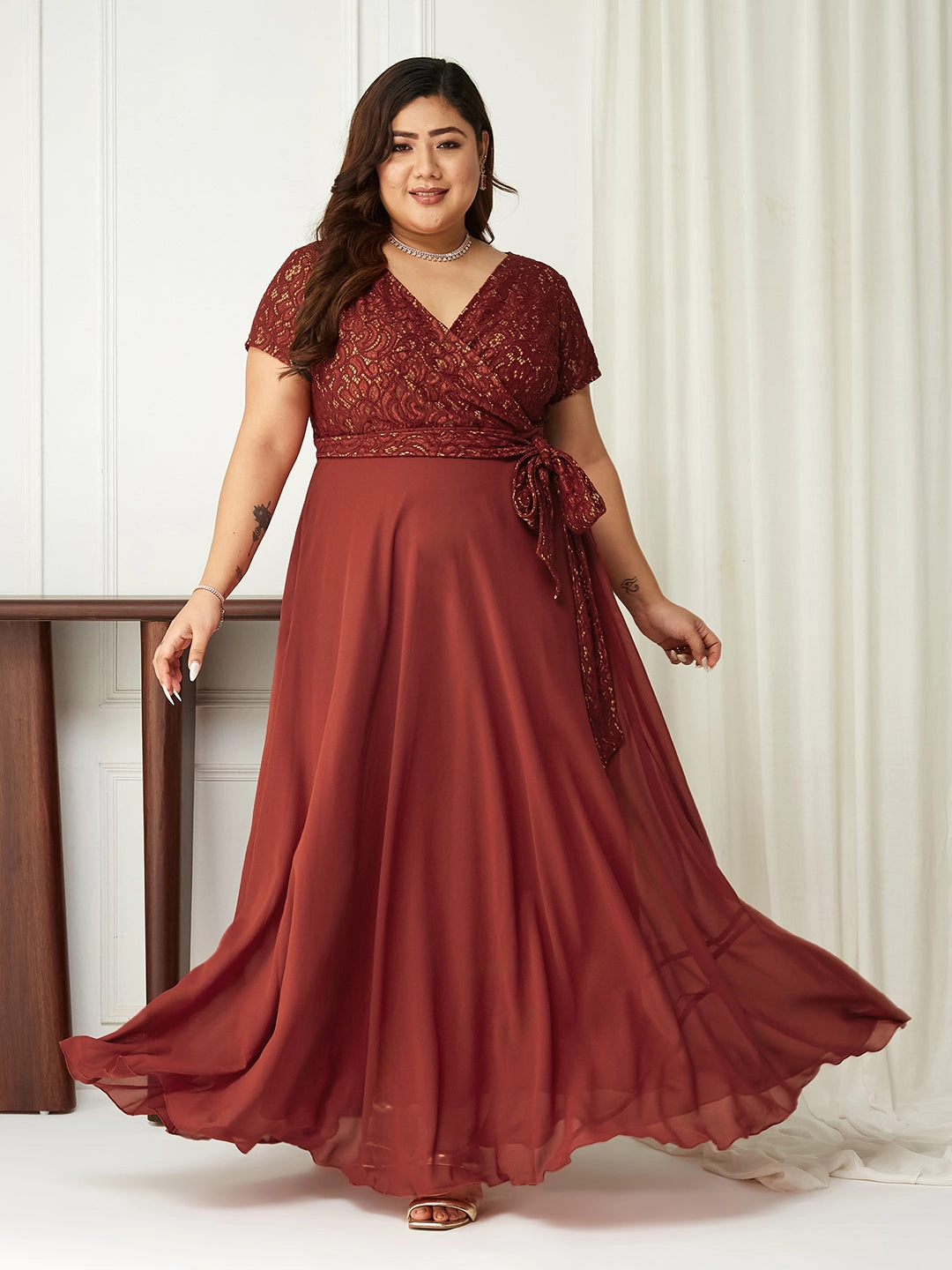 Mermaid-Hem Soft Tone Body Bliss Brick Red Lace Overlaid Georgette Maxi Dress