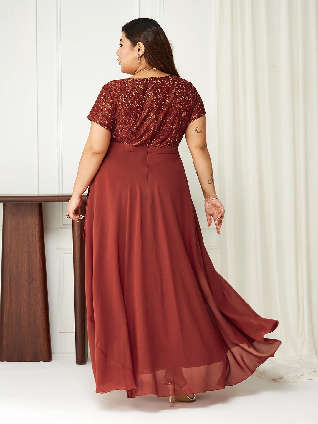 Classic Move All Day Body Bliss Brick Red Lace Overlaid Georgette Maxi Dress