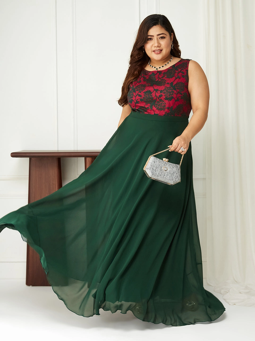 Body Bliss Dark Green Lace Fit & Flare Maxi Dress SoftTouchTexture