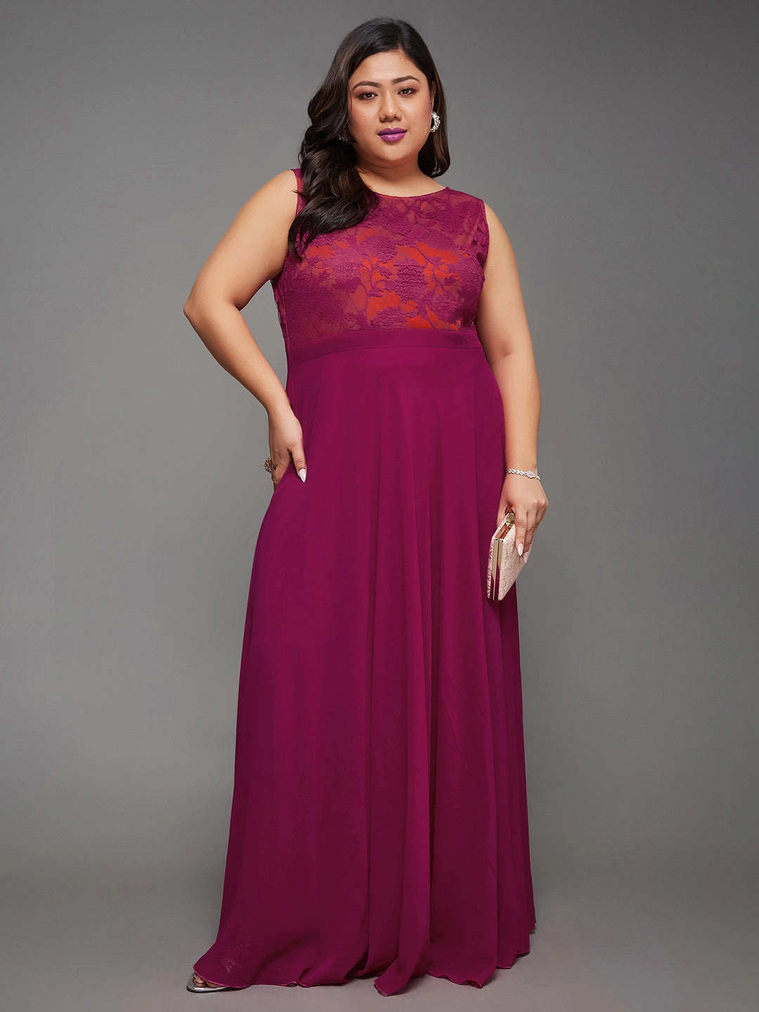 Flowing Texture Body Bliss Dark Pink & Rust Lace Overlaid Regular Dress