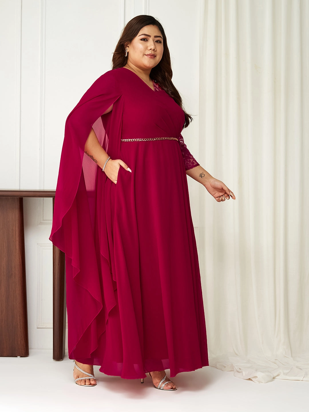 Body Bliss Dark Pink Self-Designed Georgette Maxi Dress Classic Comfort