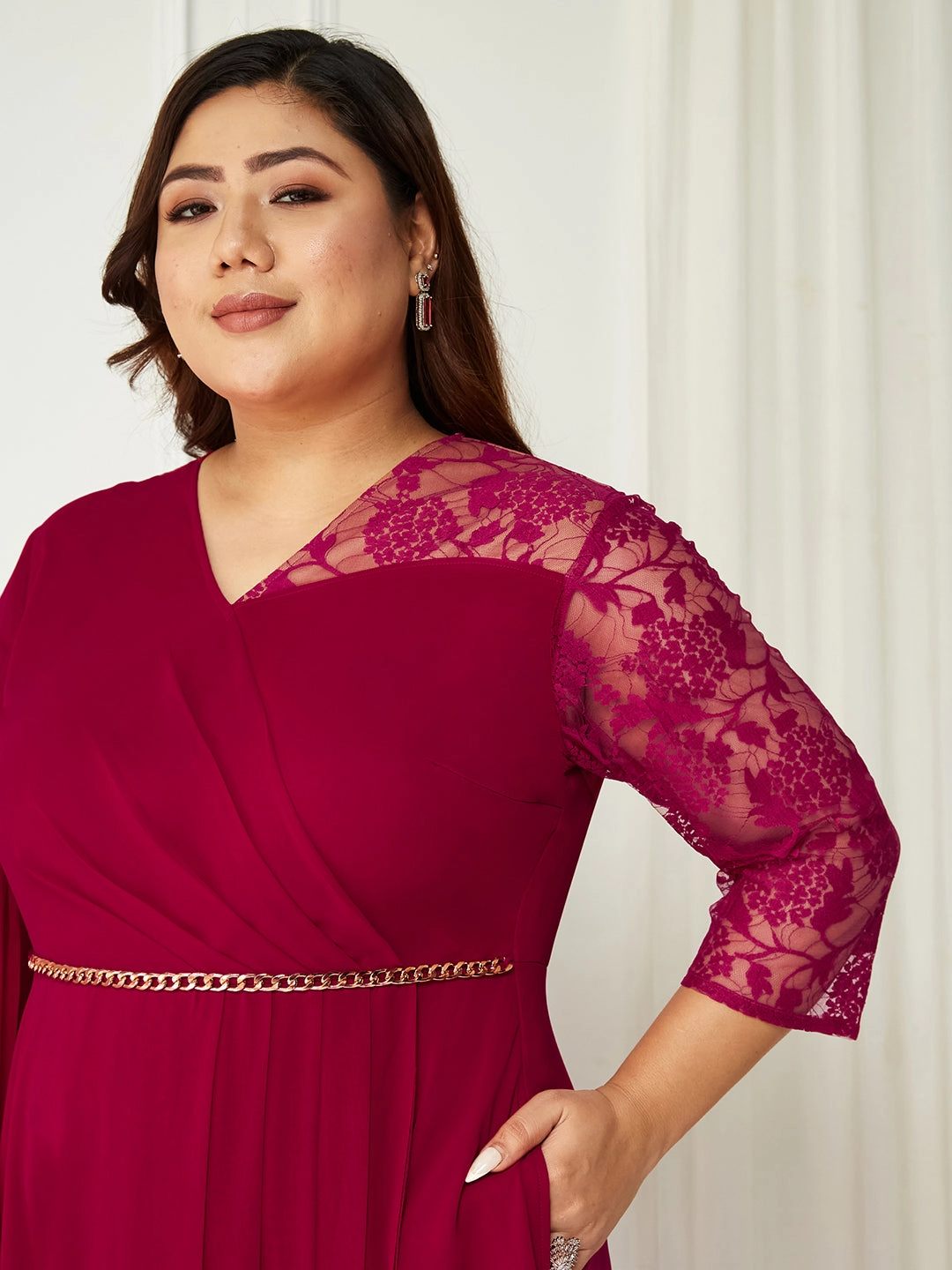 Quick Glam Dreamy Flow Body Bliss Dark Pink Self-Designed Georgette Maxi Dress