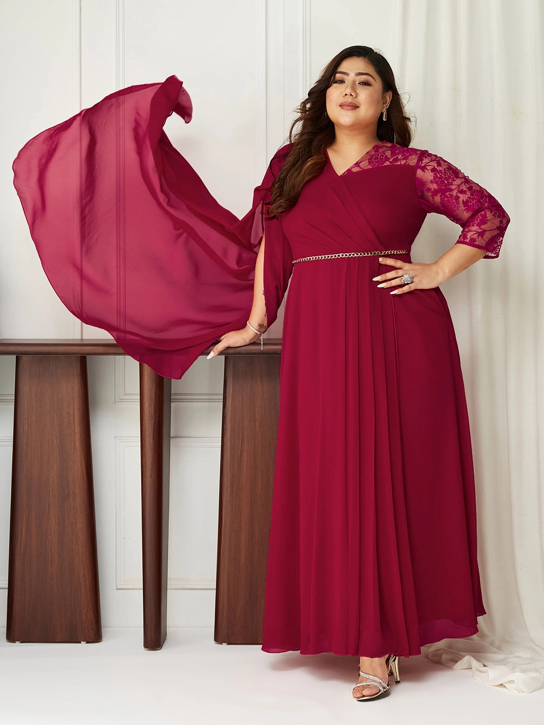 Body Bliss Dark Pink Self-Designed Georgette Maxi Dress Lightweight Wear