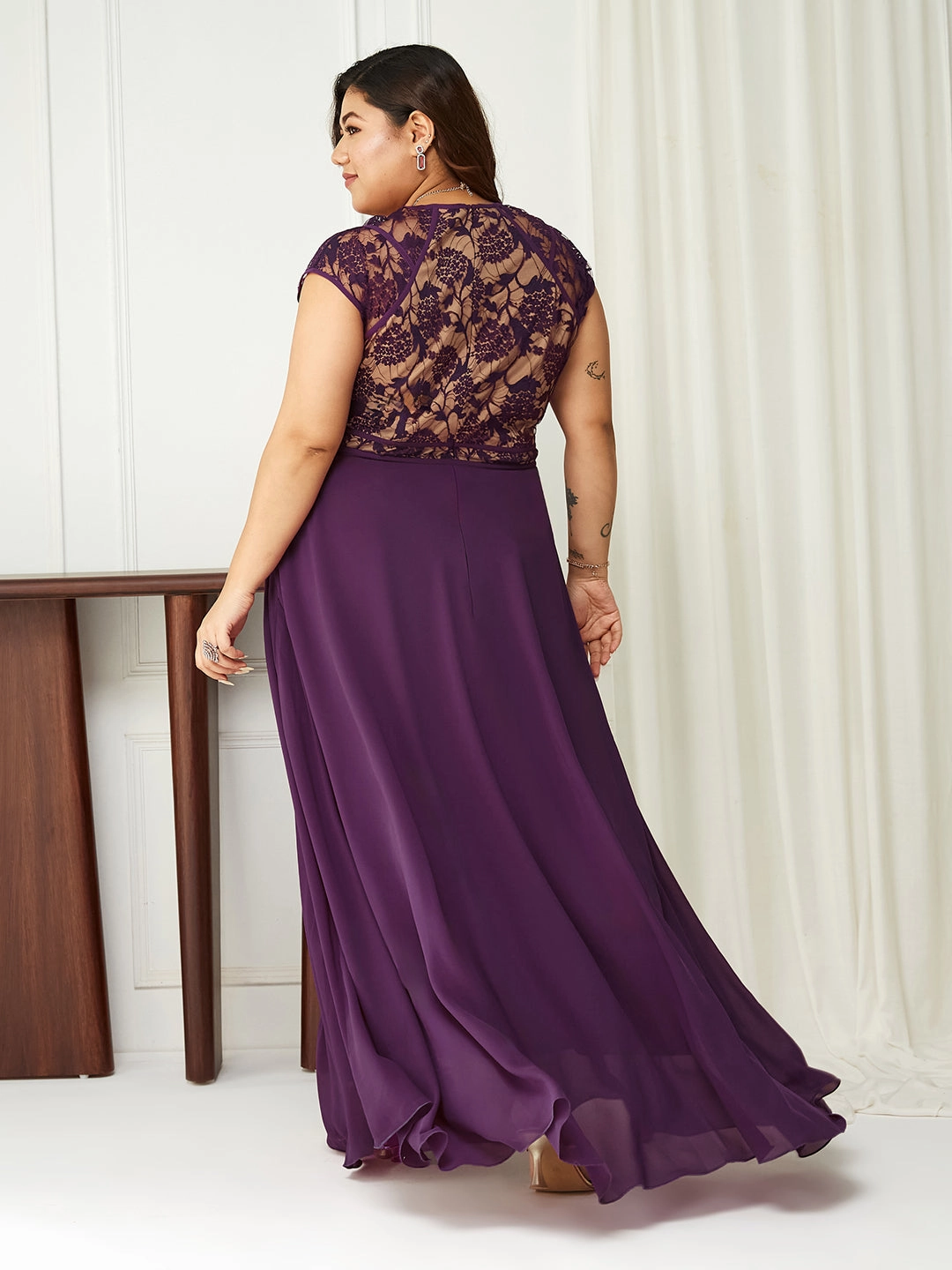 Body Bliss Dark Purple Floral Fit & Flare Georgette Maxi Dress Calm Style Texture Softness