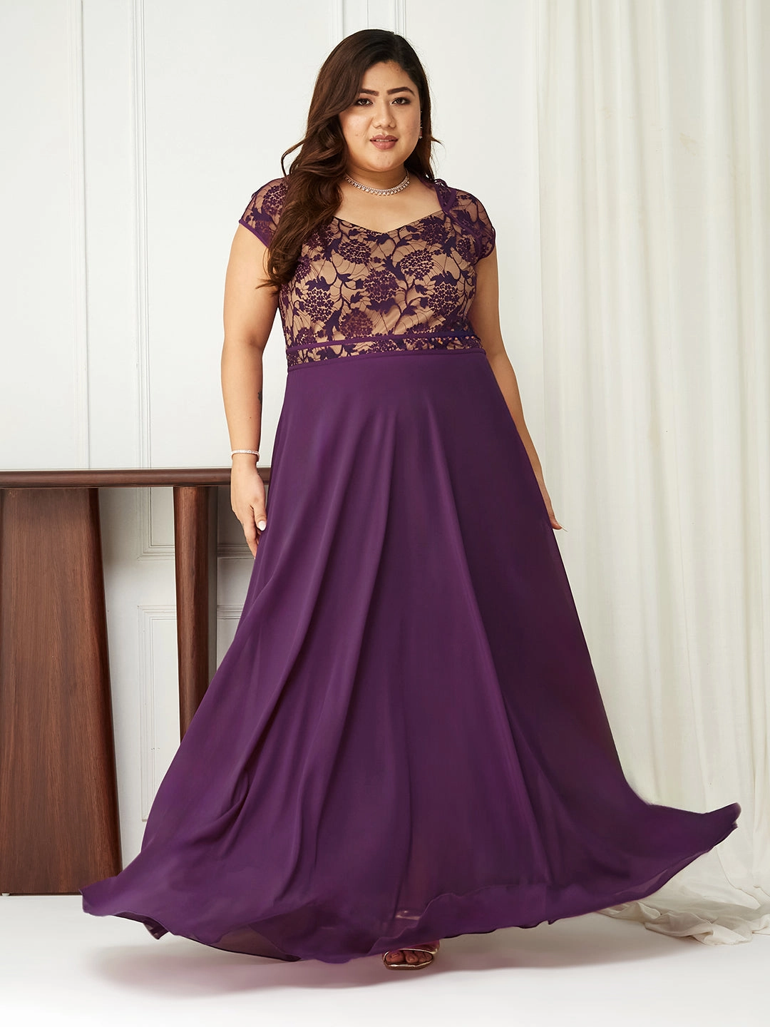 Soft Motion Body Bliss Dark Purple Floral Fit & Flare Georgette Maxi Dress
