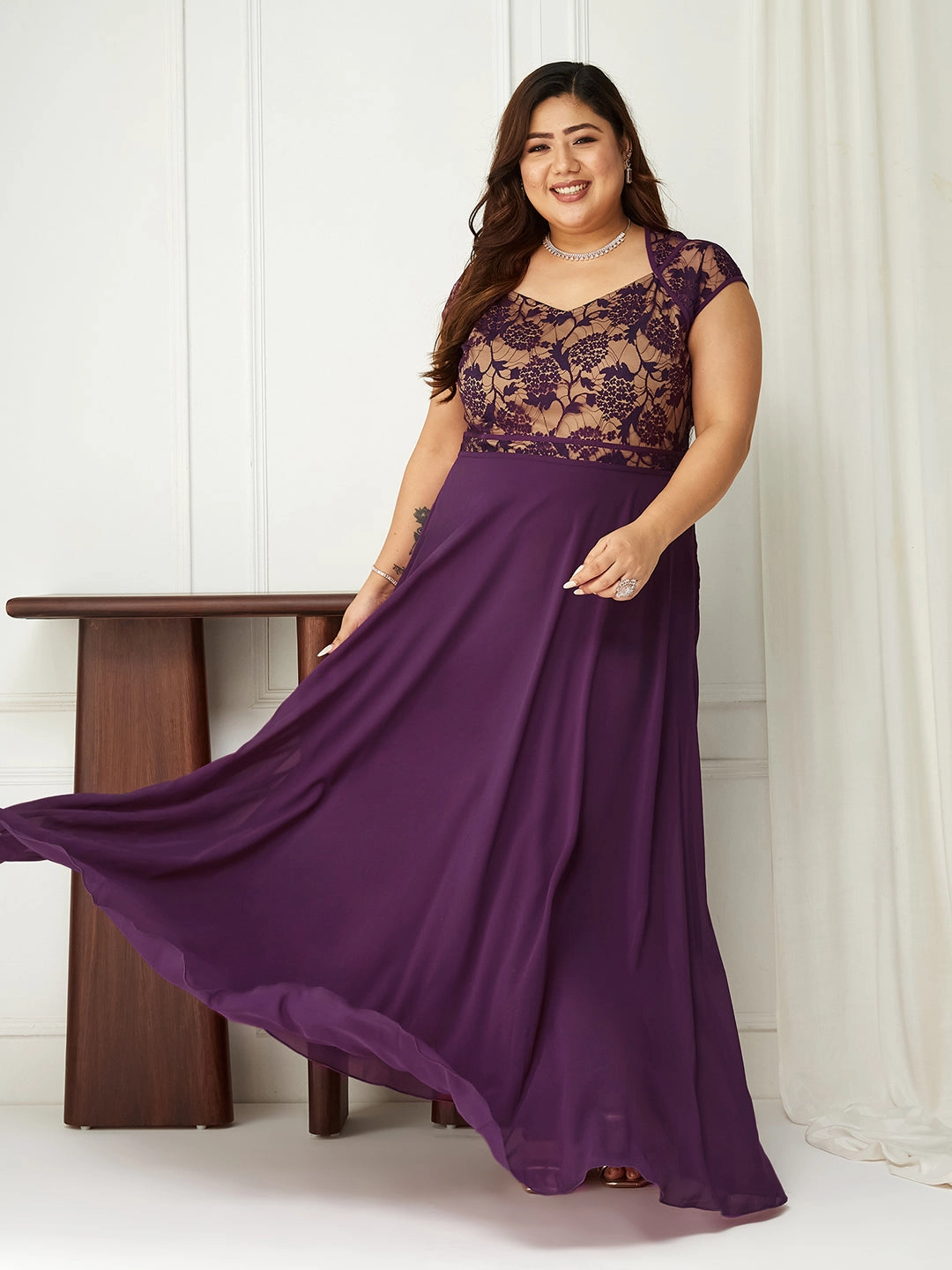 Stylish Mood Body Bliss Dark Purple Floral Fit & Flare Georgette Maxi Dress
