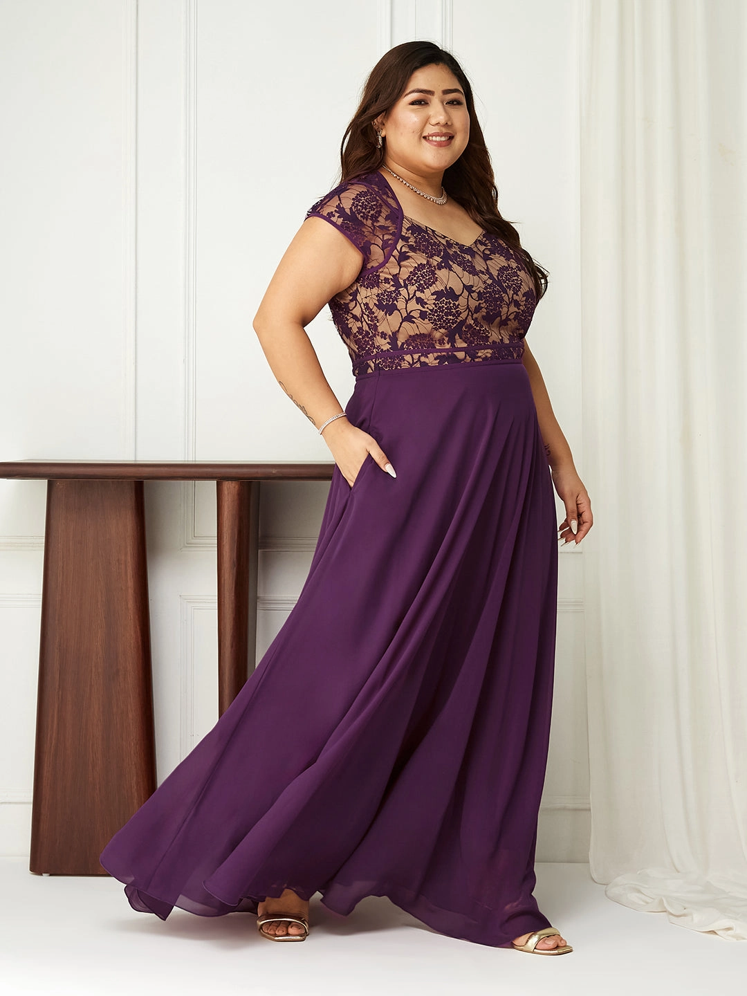 Light Bow FlatlockSeam Body Bliss Dark Purple Floral Fit & Flare Georgette Maxi Dress