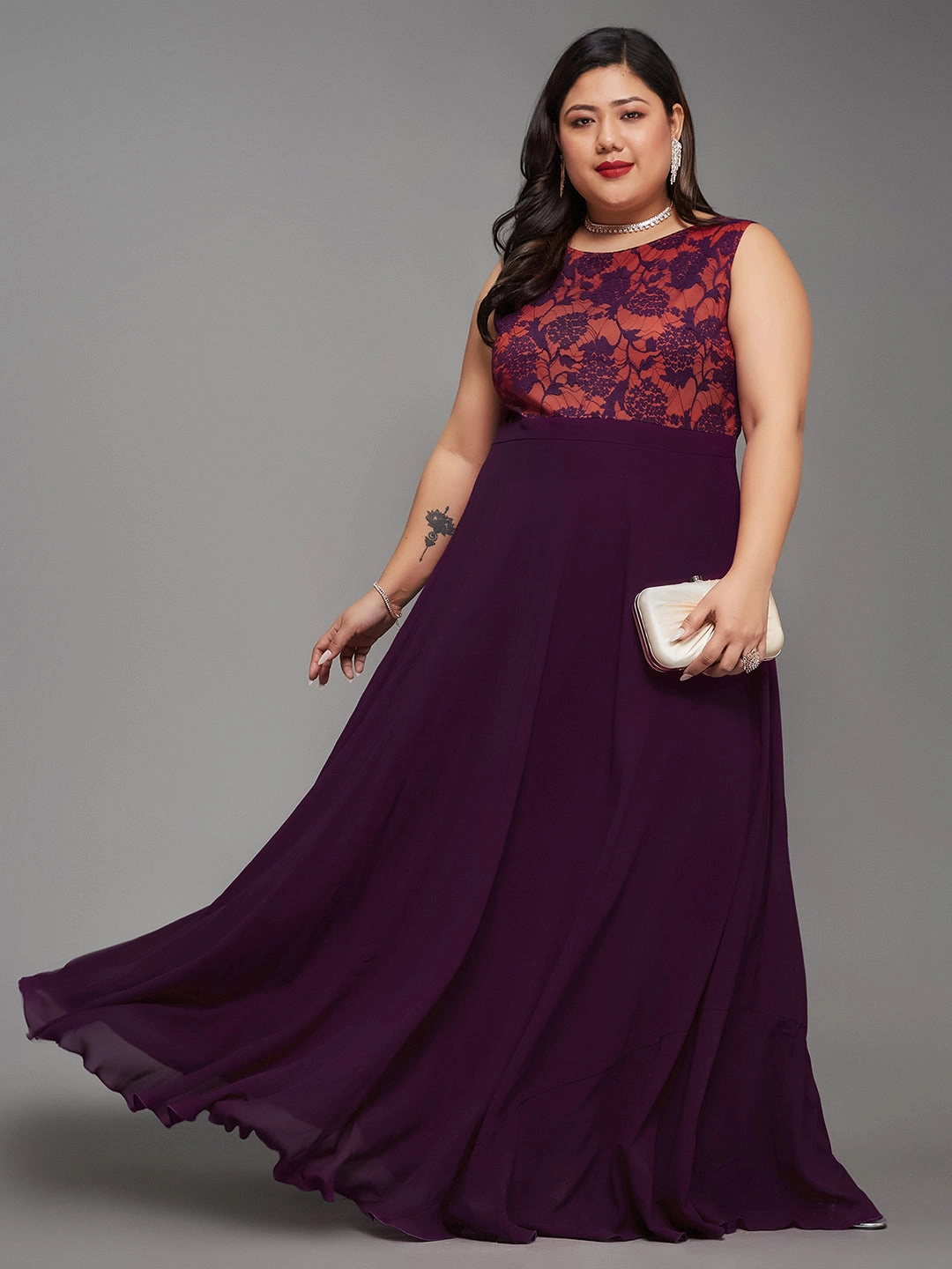 Office Glam Body Bliss Dark Purple Georgette & Lace Floral Fit & Flare Maxi Dress