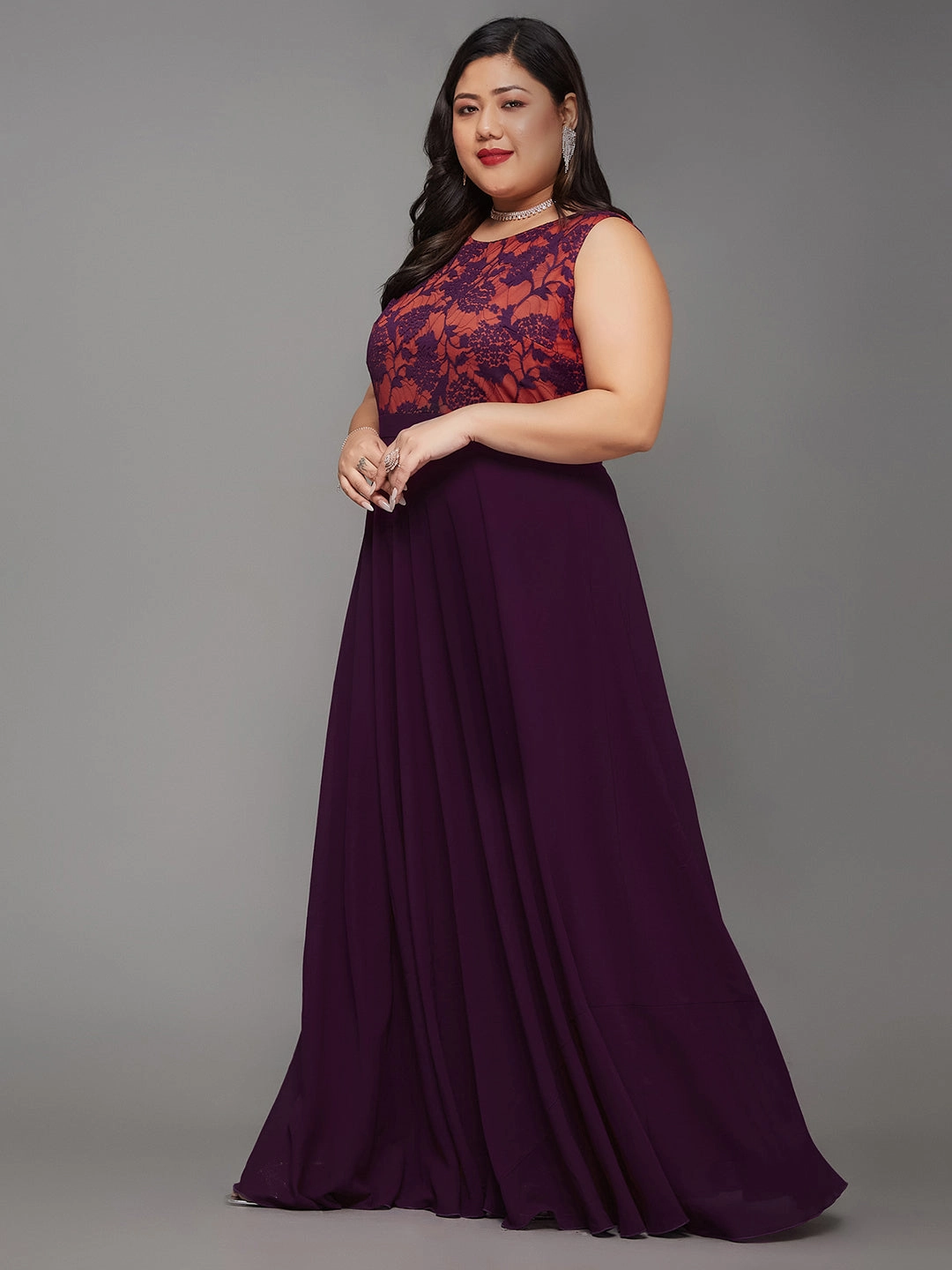 Body Bliss Dark Purple Georgette & Lace Floral Fit & Flare Maxi Dress Sophisticated Vibe