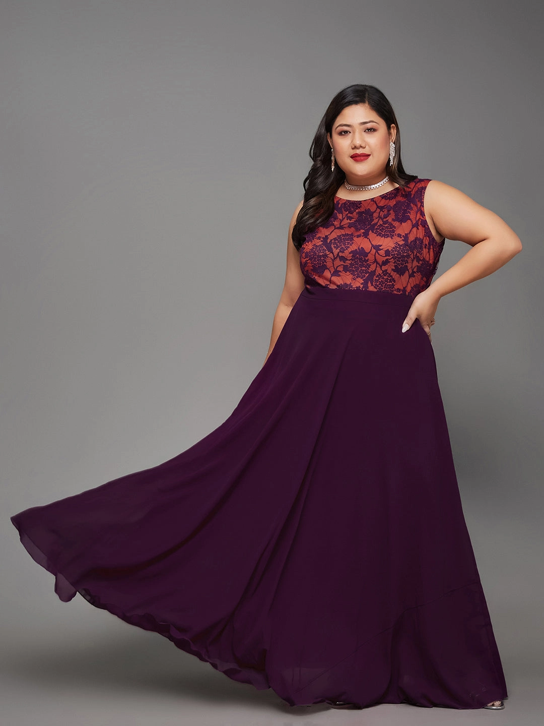 Body Bliss Dark Purple Georgette & Lace Floral Fit & Flare Maxi Dress Stylish Design