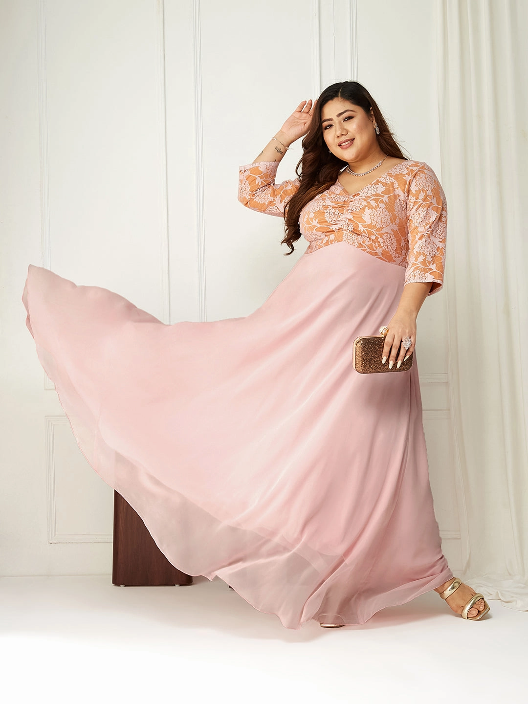 Work Comfort Body Bliss Dusty Pink Empire-Styled Georgette Maxi Dress