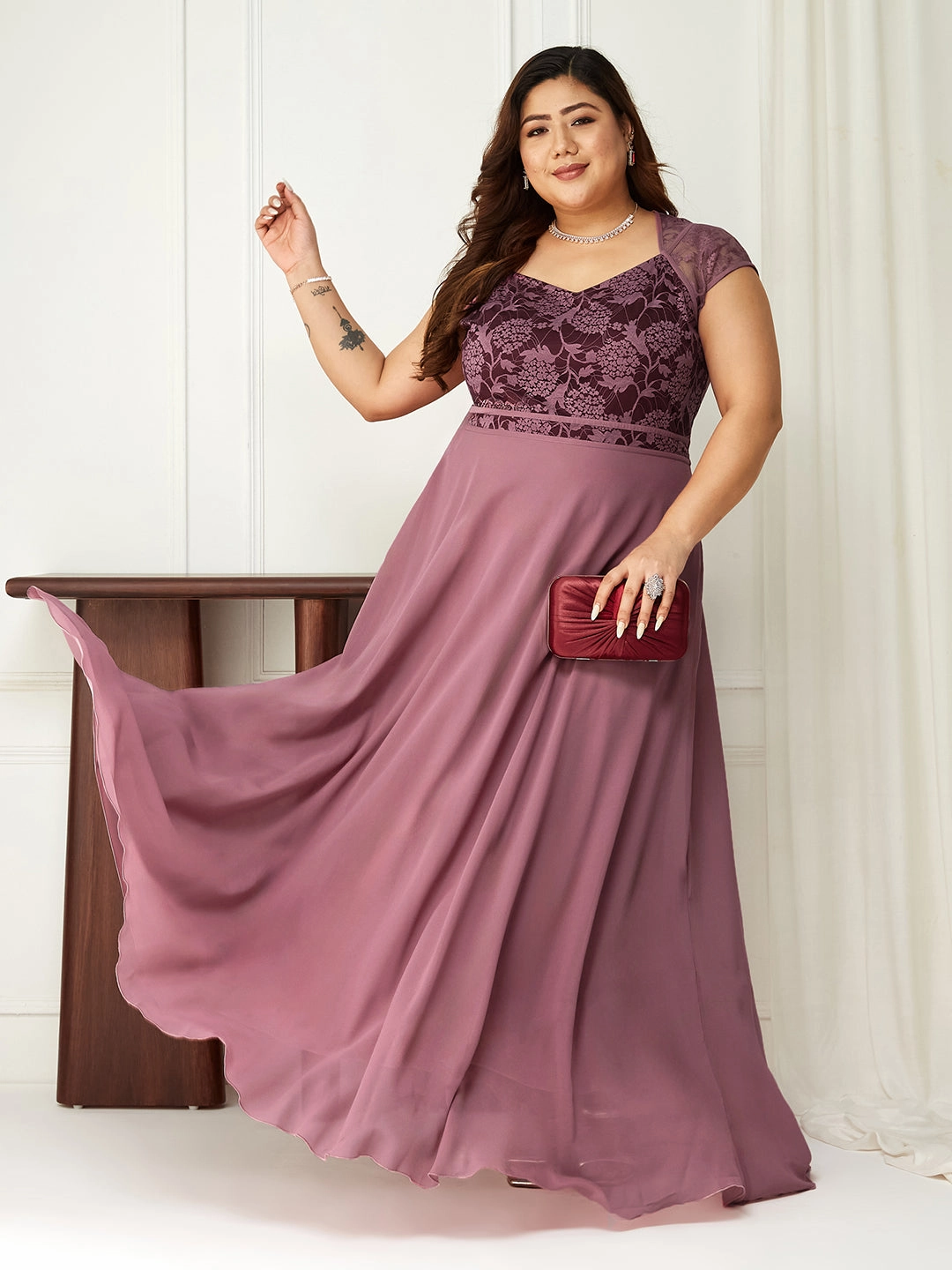 Fashionable Wear Body Bliss Lavender & Wine Floral Lace Fit & Flare Maxi Dress