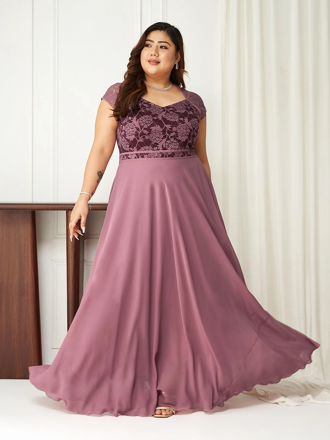 Body Bliss Lavender & Wine Floral Lace Fit & Flare Maxi Dress Season Ready Relaxed Design