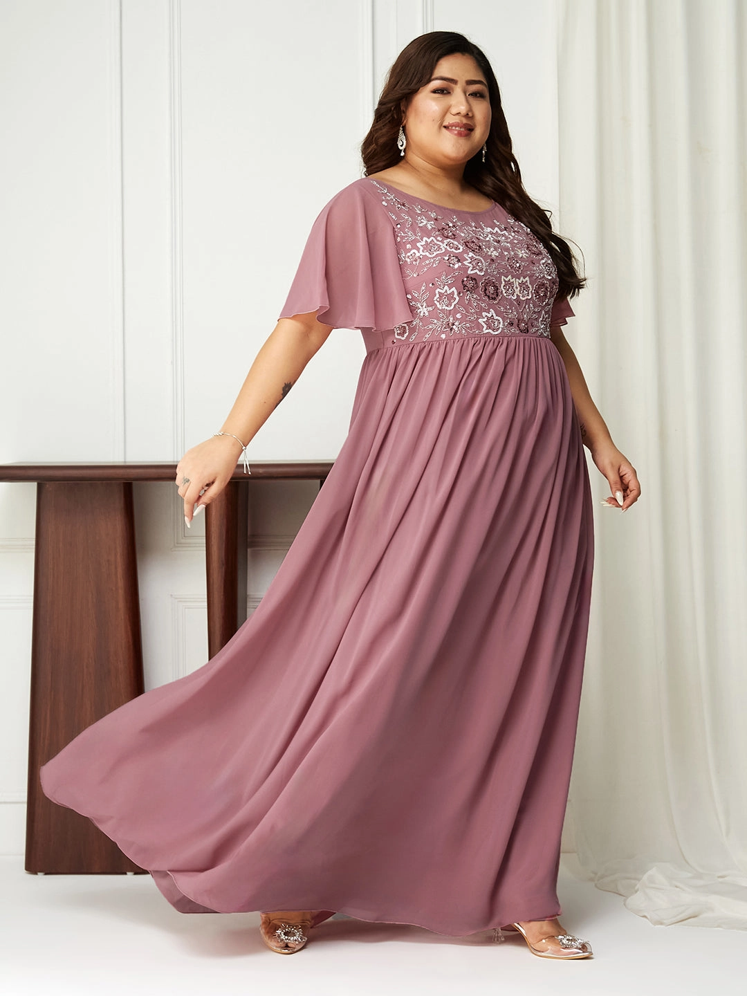 Refined Form Smart Fit Body Bliss Lavender Sequin Embroidery Georgette Maxi Dress