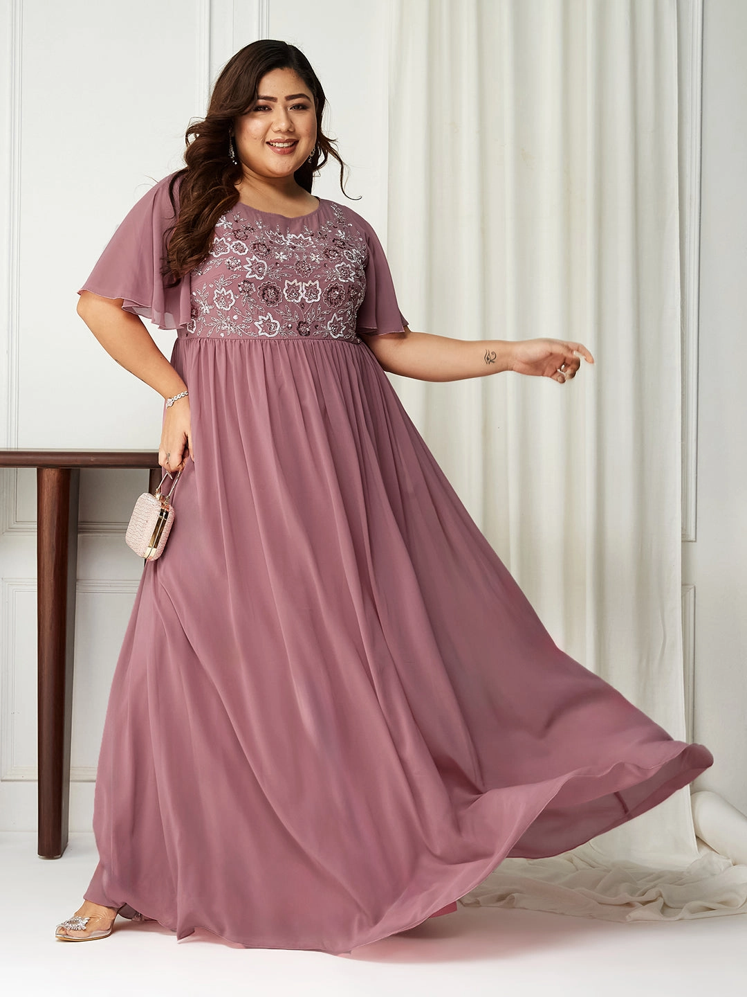 Body Bliss Lavender Sequin Embroidery Georgette Maxi Dress Fresh Appeal