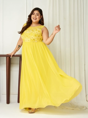 Sophisticated Waistband Fit Classic Comfort Body Bliss Light Yellow Embroidered Georgette Gathered Maxi Dress