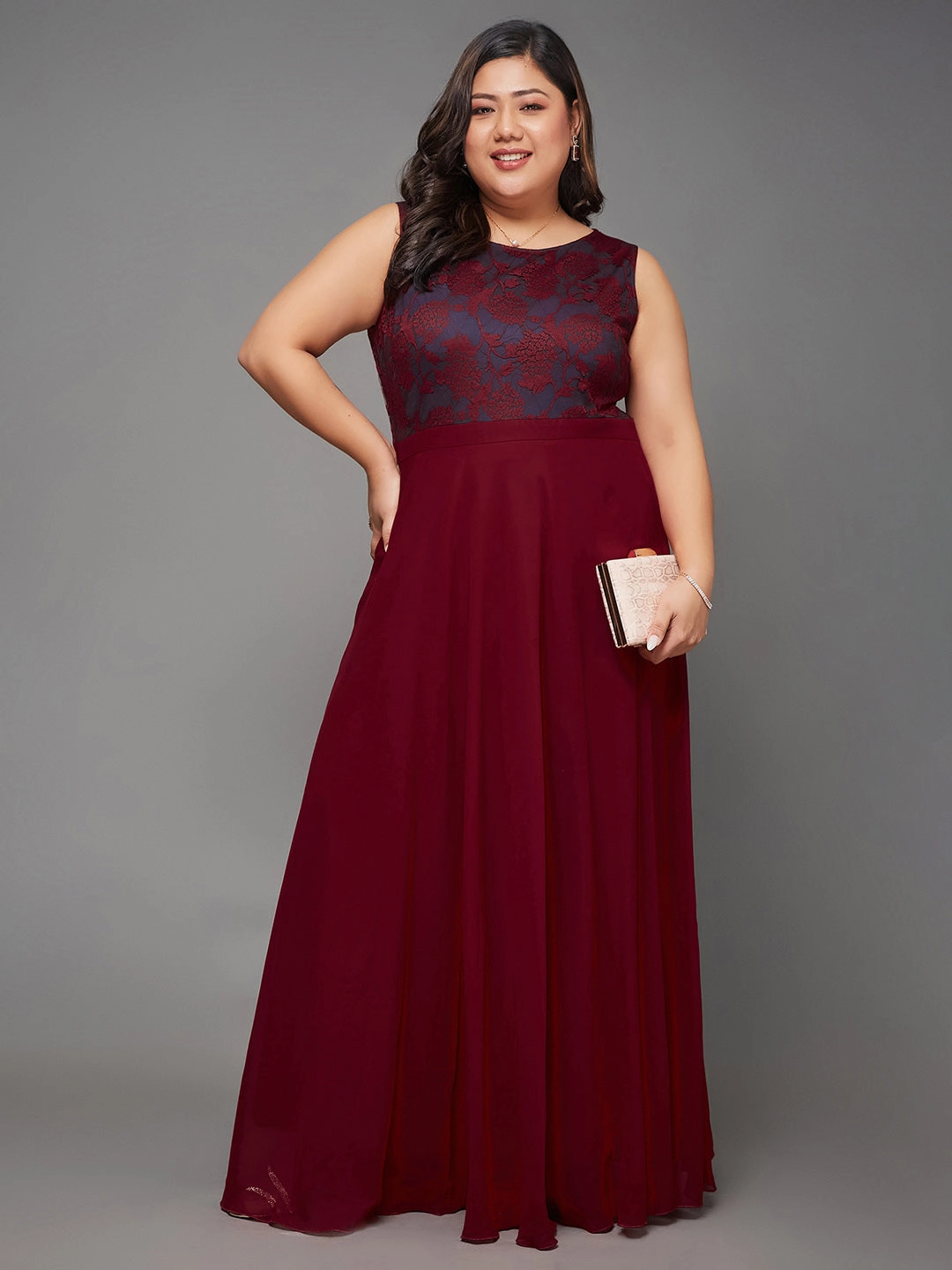 Body Bliss Maroon & Teal Lace Overlaid Maxi Dress Casual Edge Formal Wear