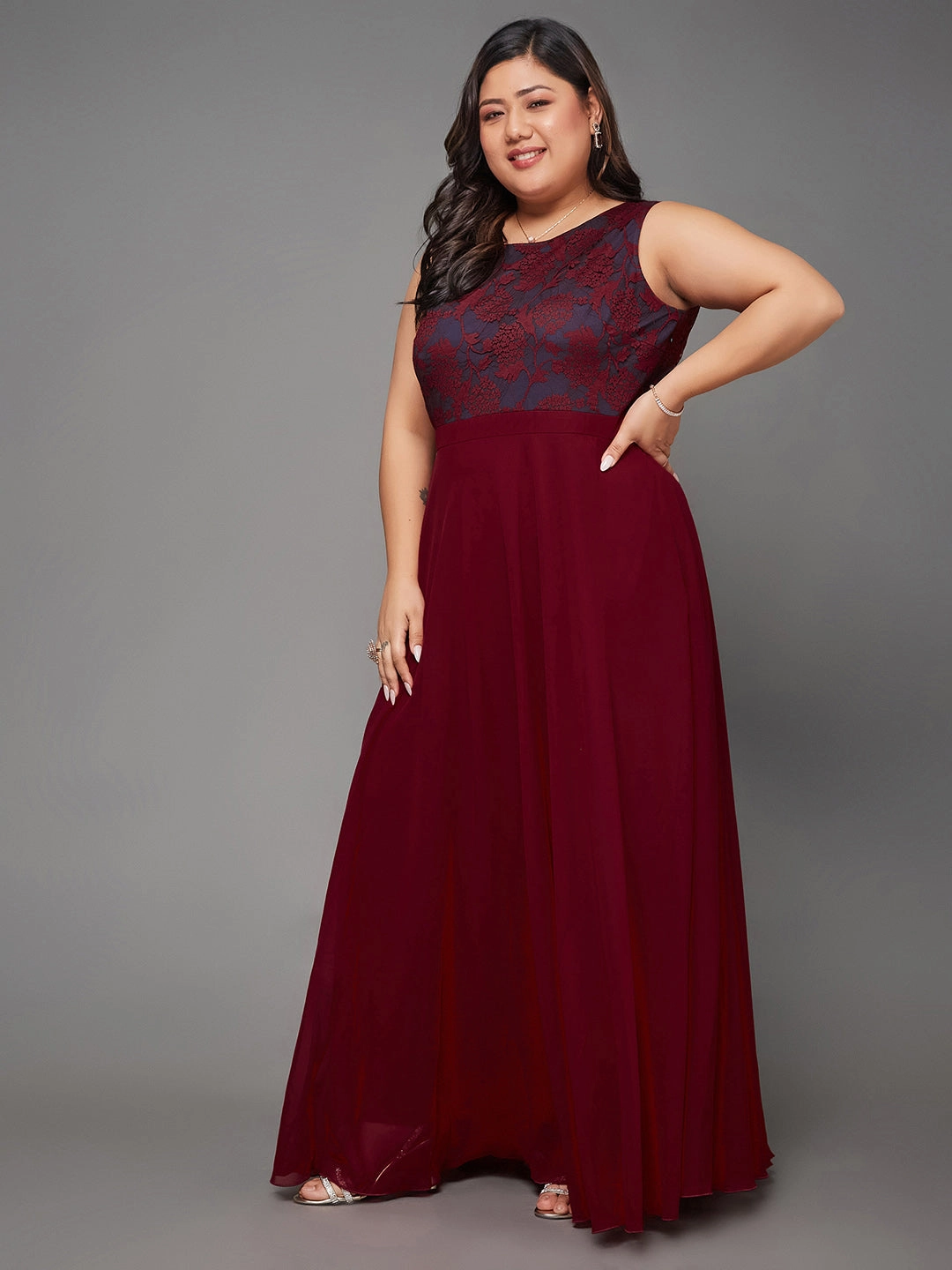 Romantic dinner wear Body Bliss Maroon & Teal Lace Overlaid Maxi Dress