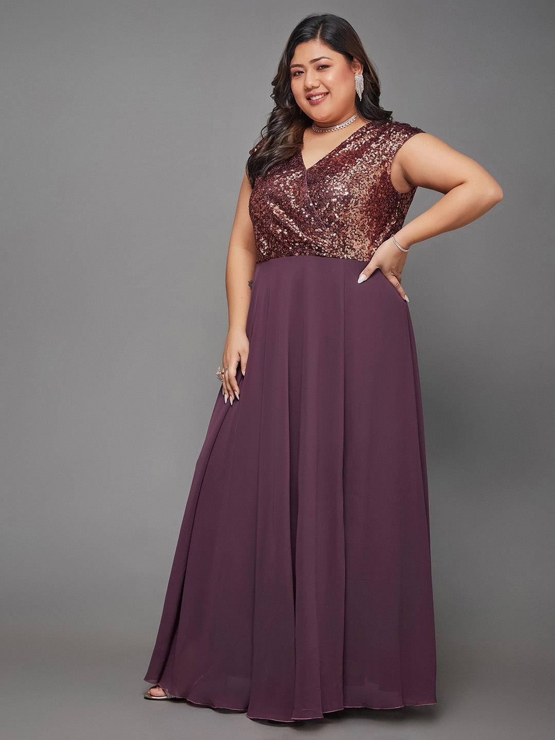 Texture Blend Striped-Pattern Body Bliss Mauve & Wine Embellished Wrap Maxi Dress