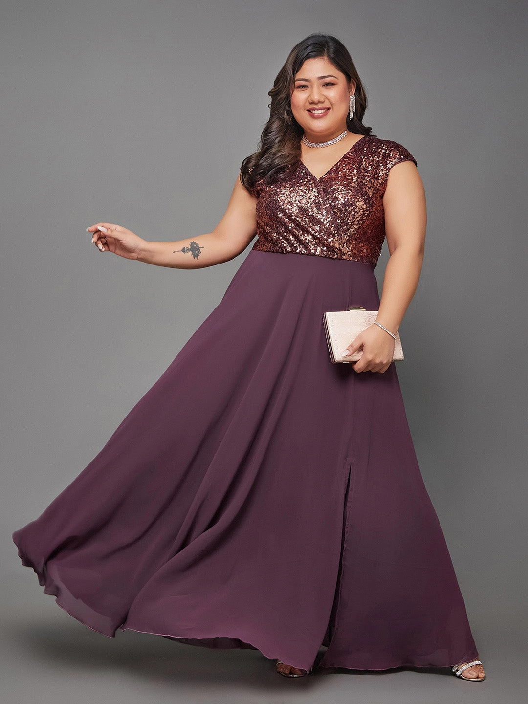 Body Bliss Mauve & Wine Embellished Wrap Maxi Dress Flattering Design