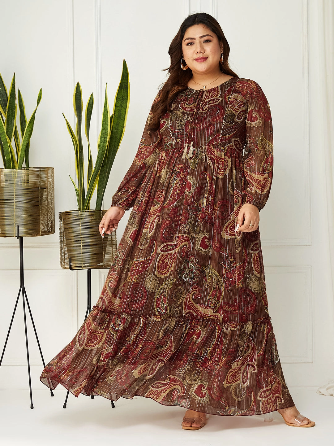 Body Bliss Multicolored-Base-Brown Maxi Lurex Chiffon Dress Comfy and Cozy Romantic Bloom