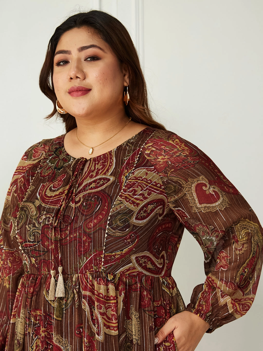 Body Bliss Multicolored-Base-Brown Maxi Lurex Chiffon Dress Calm Outfit AntiPillTreatment