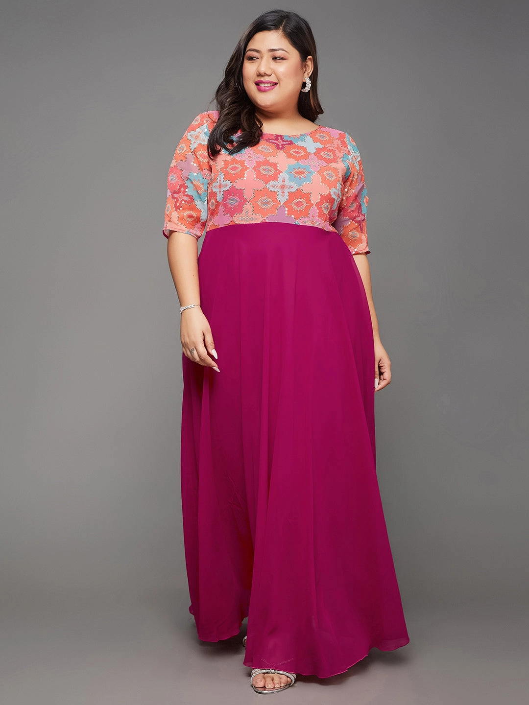 SeamlessConstruction Body Bliss Multicolored-Base-Dark Pink Fit & Flare Georgette Maxi Dress