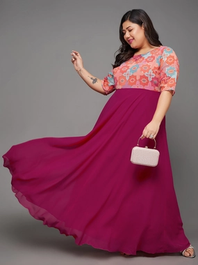 Hip-Flattering Tie-dye Body Bliss Multicolored-Base-Dark Pink Fit & Flare Georgette Maxi Dress