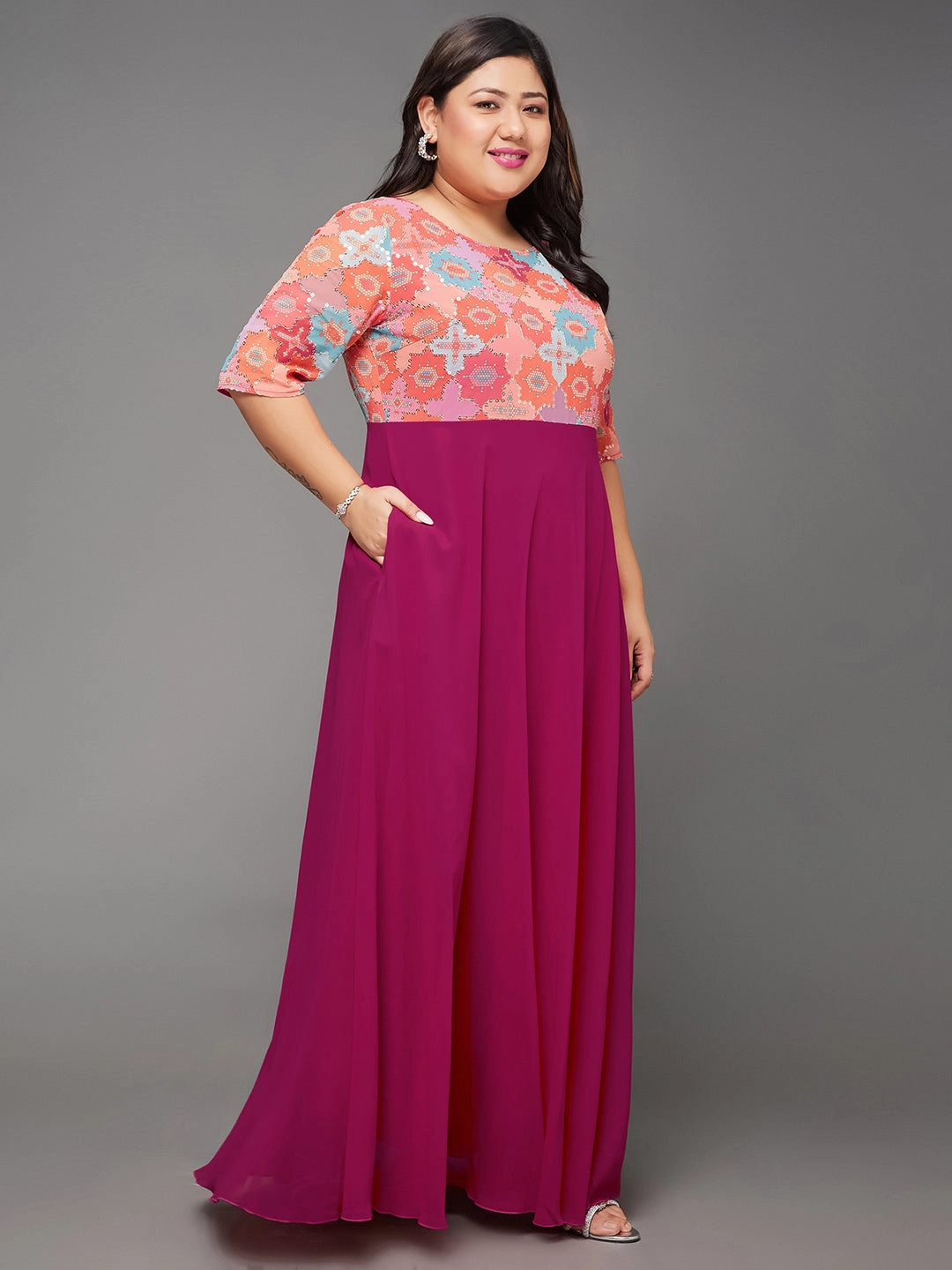 Glossy-Finish All Inclusive Body Bliss Multicolored-Base-Dark Pink Fit & Flare Georgette Maxi Dress