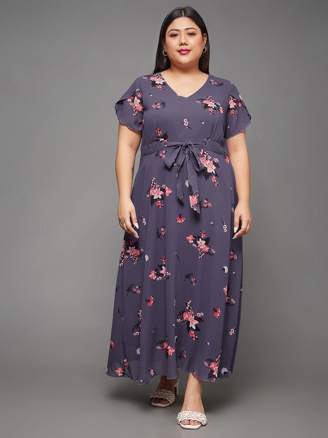 Body Bliss Multicolored Base Lavender Floral Pleated Midi Dress Modern Twist