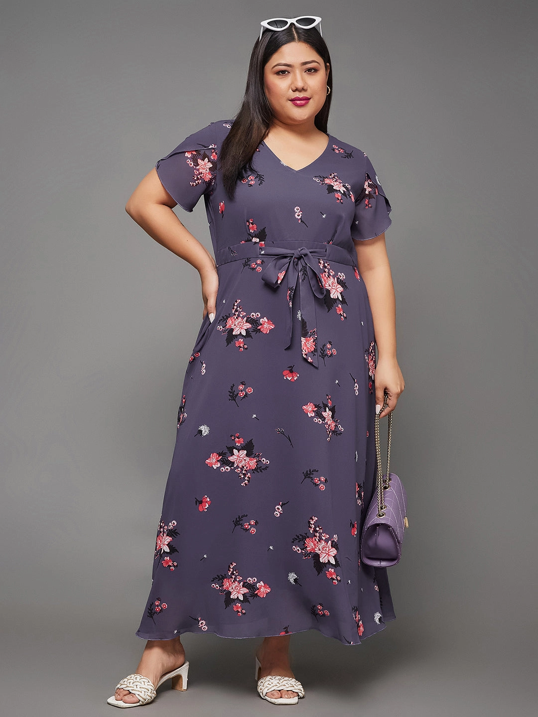 Perfectly Tailored Body Bliss Multicolored Base Lavender Floral Pleated Midi Dress