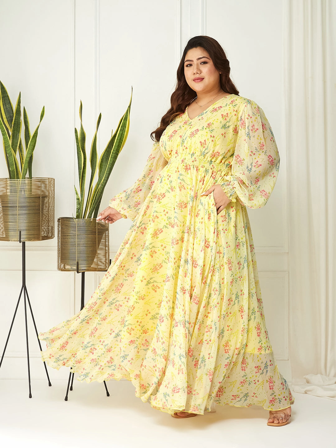 Body Bliss Multicolored-Base-Lime Yellow Floral Gathered Chiffon Maxi Dress Office Fit Drapey Fabric