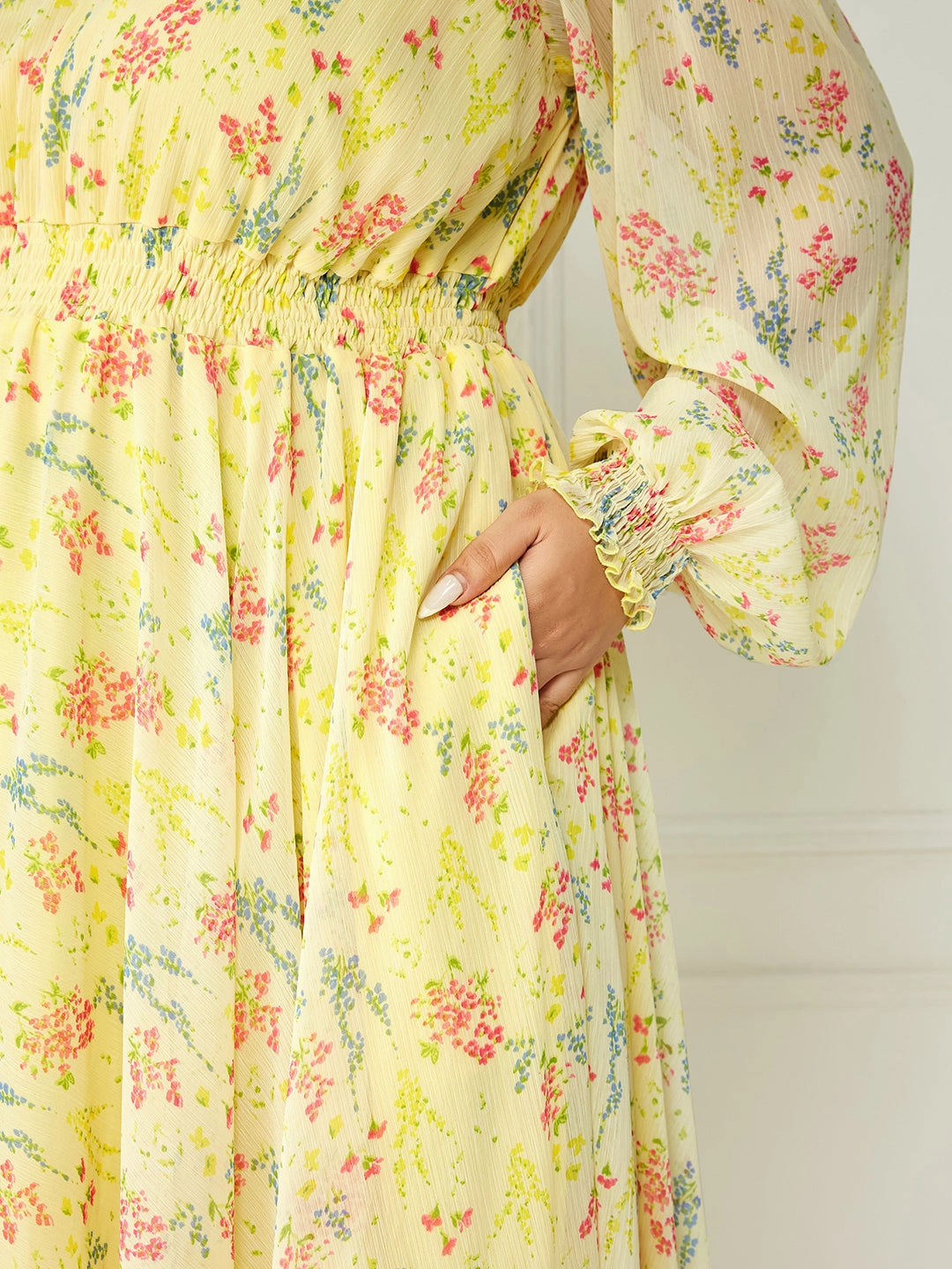 Classic wrap dress Body Bliss Multicolored-Base-Lime Yellow Floral Gathered Chiffon Maxi Dress