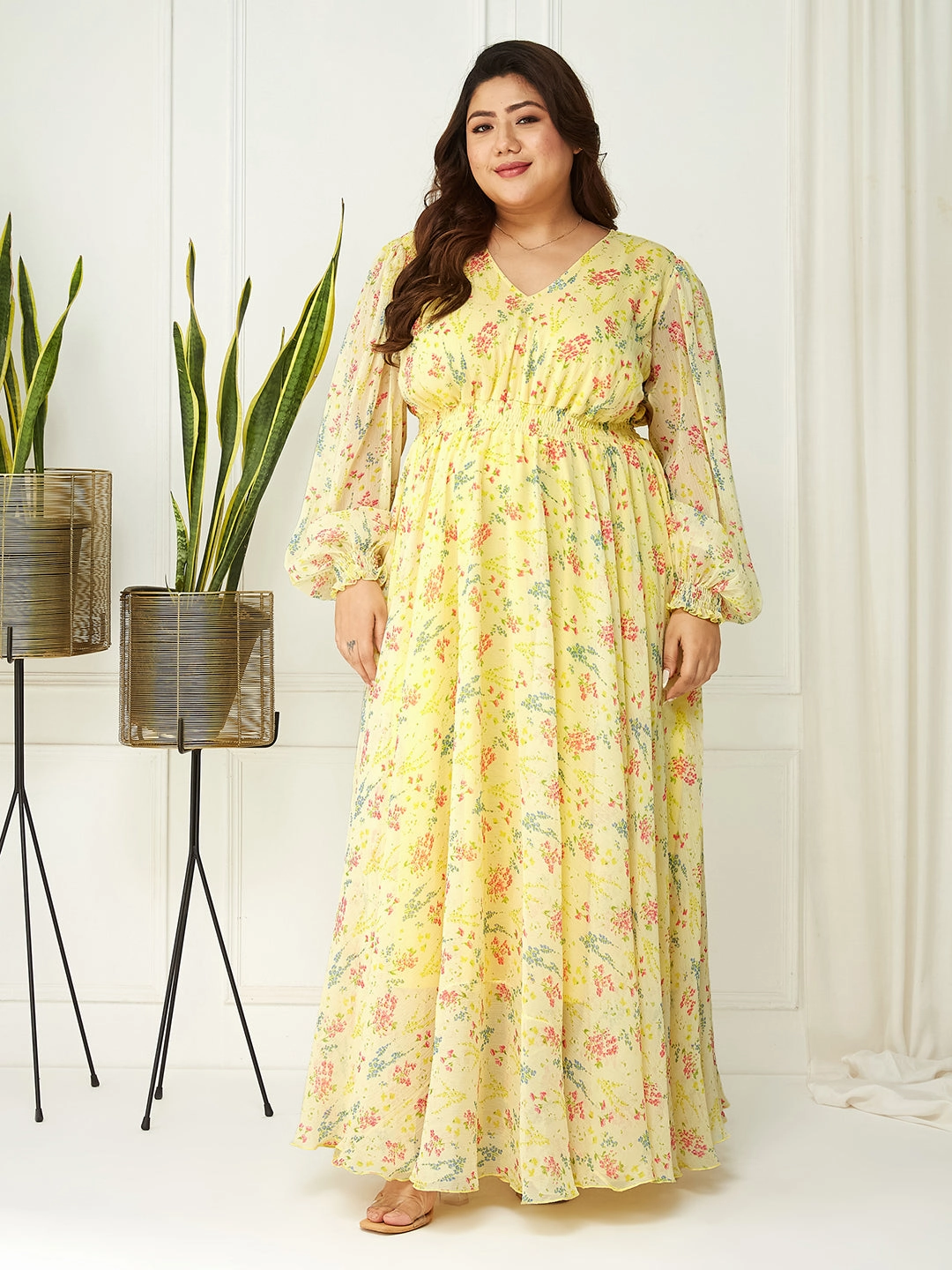 Inner Glow Body Bliss Multicolored-Base-Lime Yellow Floral Gathered Chiffon Maxi Dress