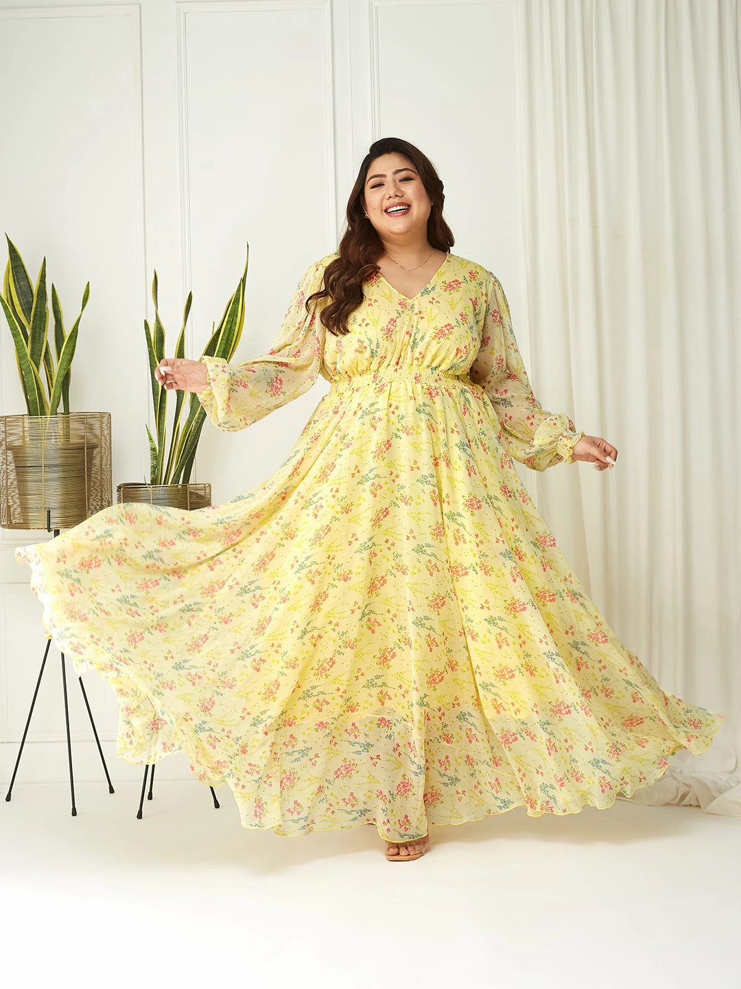 Body Bliss Multicolored-Base-Lime Yellow Floral Gathered Chiffon Maxi Dress Feminine Comfort