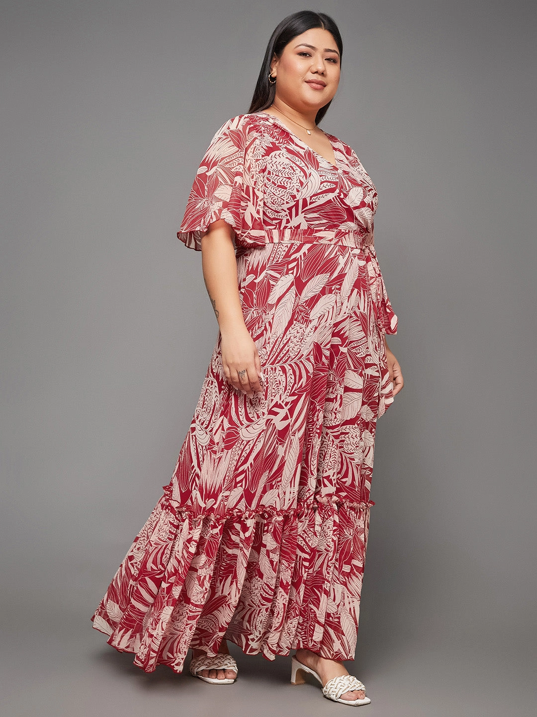 Body Bliss Multicolored-Base-Maroon Floral Wrap Maxi Dress Sophisticated Style